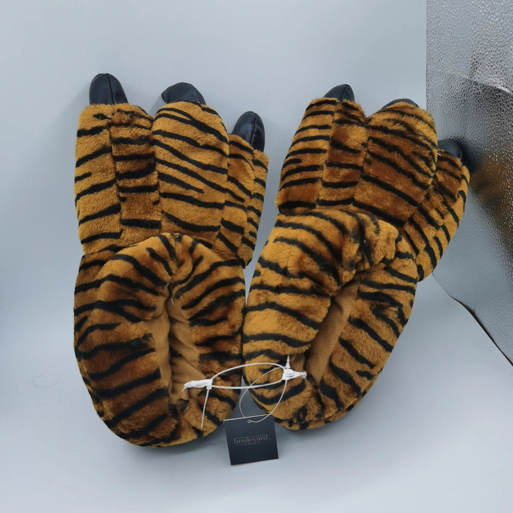 Men's Fluffy Animal Print Slippers | Bear Paw Faux Fur Slides Novelty Fluffy Slippers Axl