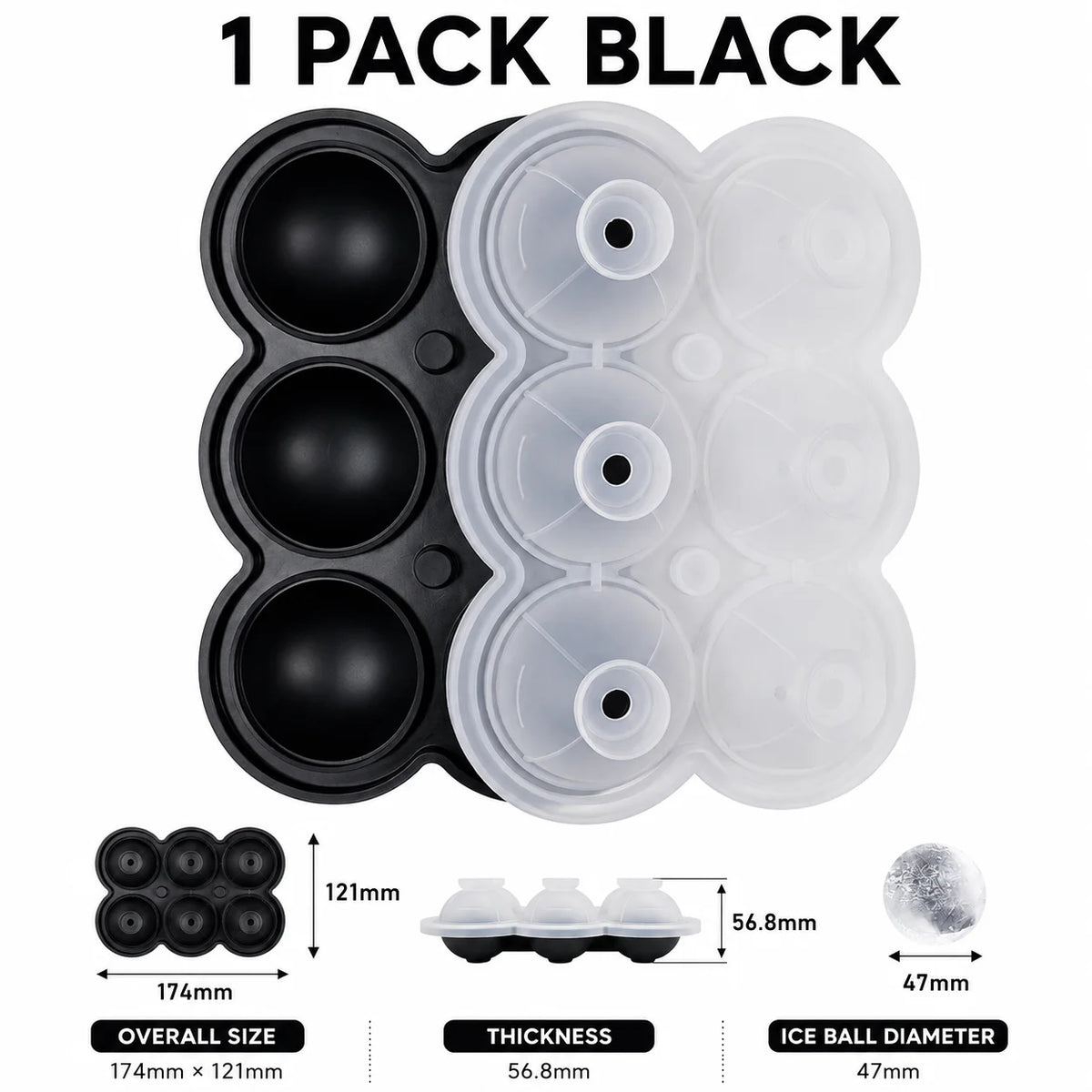 6-Sphere Silicone Ice Ball Maker Tray with Funnel Lid | Bar Silicone Ice Ball Tray Axl 1 Pack Black