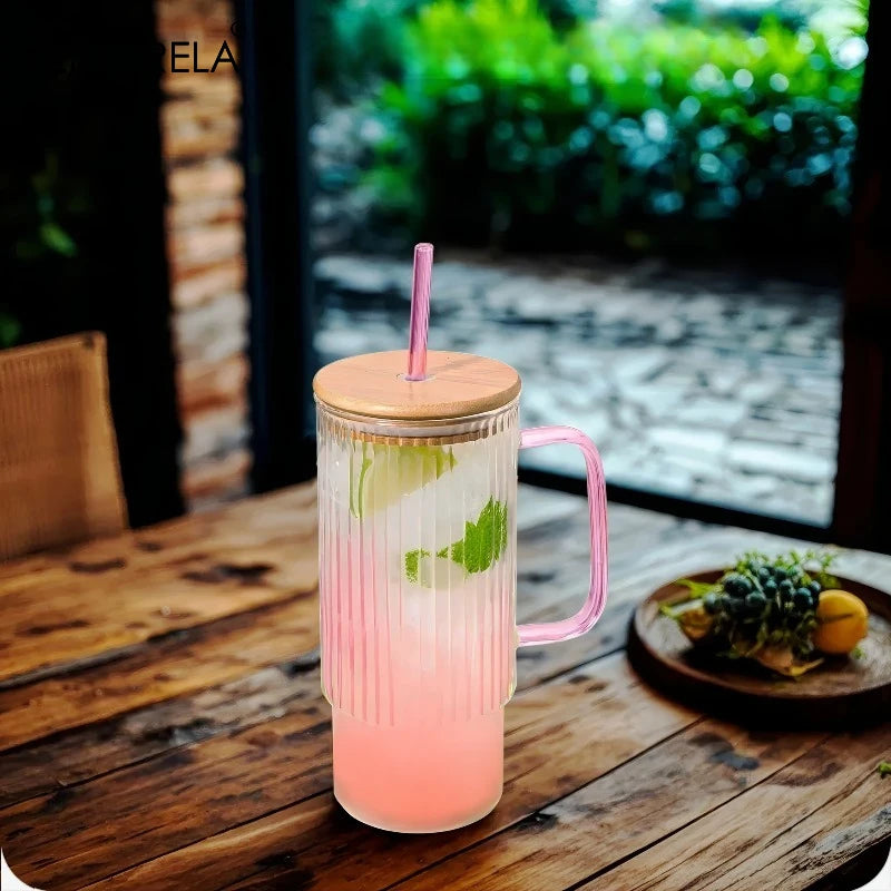 900ml Ribbed Glass Tumbler with Bamboo Lid & Straw | KEMORELA Glass Tumbler Axl
