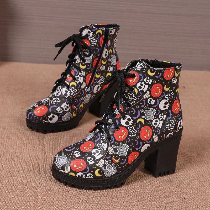 UXST Women's Halloween Printed Platform Ankle Boots | Square Heel Platform Ankle Boots Axl
