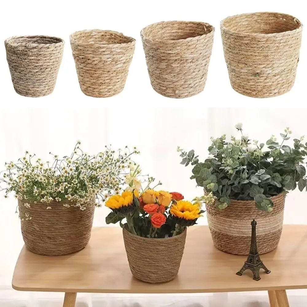 Woven Grass Planter Basket | Natural Straw Flower Pot Cover Woven Planter Basket Axl