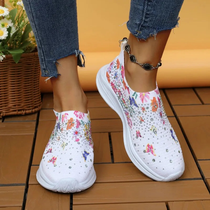 Flower Print Knitted Sneakers – Crystal Slip-On Women's Shoes Knitted Slip-On Sneakers Axl