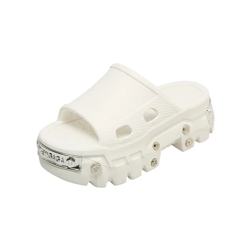 Women's Punk Rivet Platform Slippers – Thick EVA Anti-Slip Sole Platform Slippers Axl White-01 44-45