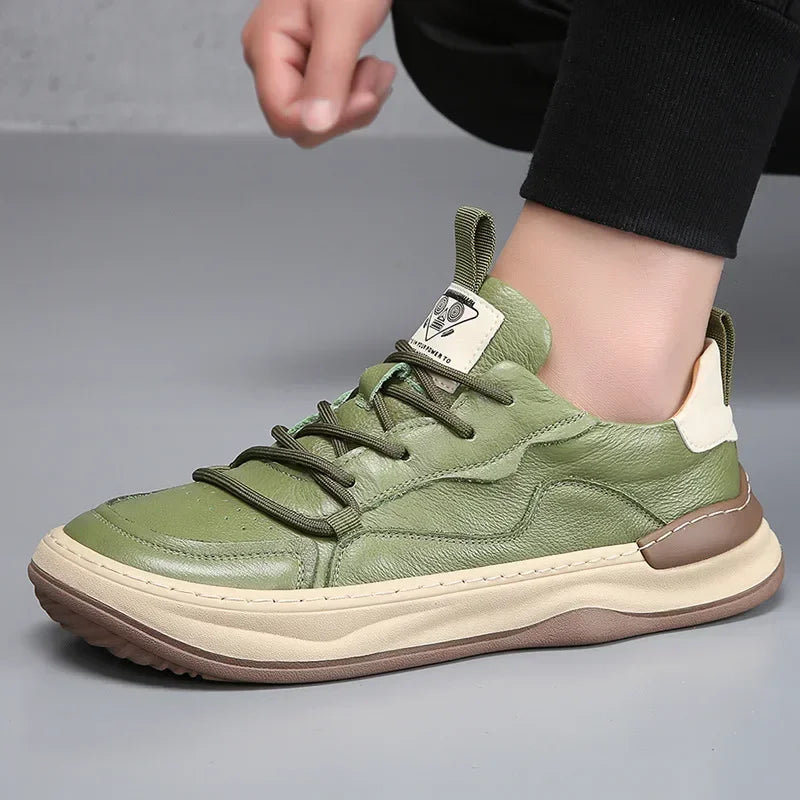 YBQJOO Men's Hollow-Out Leather Sneakers | Lace-Up Casual Shoes Men's Leather Sneakers Axl Green shoes 42