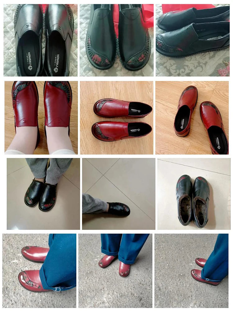 Women's Genuine Leather Retro Loafers – Wide Fit Flat Shoes Leather Flat Loafers Axl