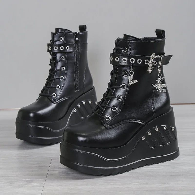 Women's Punk Goth Platform Wedge Ankle Boots | Lace-Up Platform Wedge Boots Axl