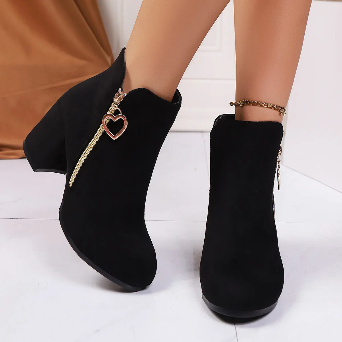 Women's Retro Block Heel Ankle Boots – Suede Zip Style Ankle Boots Axl