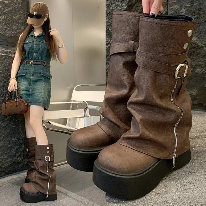 Women's Retro Platform Knight Boots | Side Zipper Mid-Calf Platform Knight Boots Axl