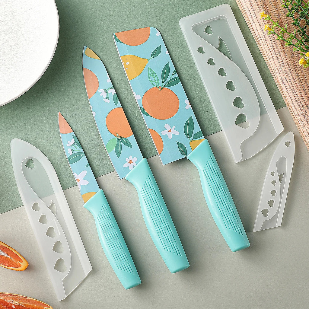 3-Piece Kitchen Knife Set – Stainless Steel Fruit Print Knives Kitchen Knife Set Axl 3pcs blue