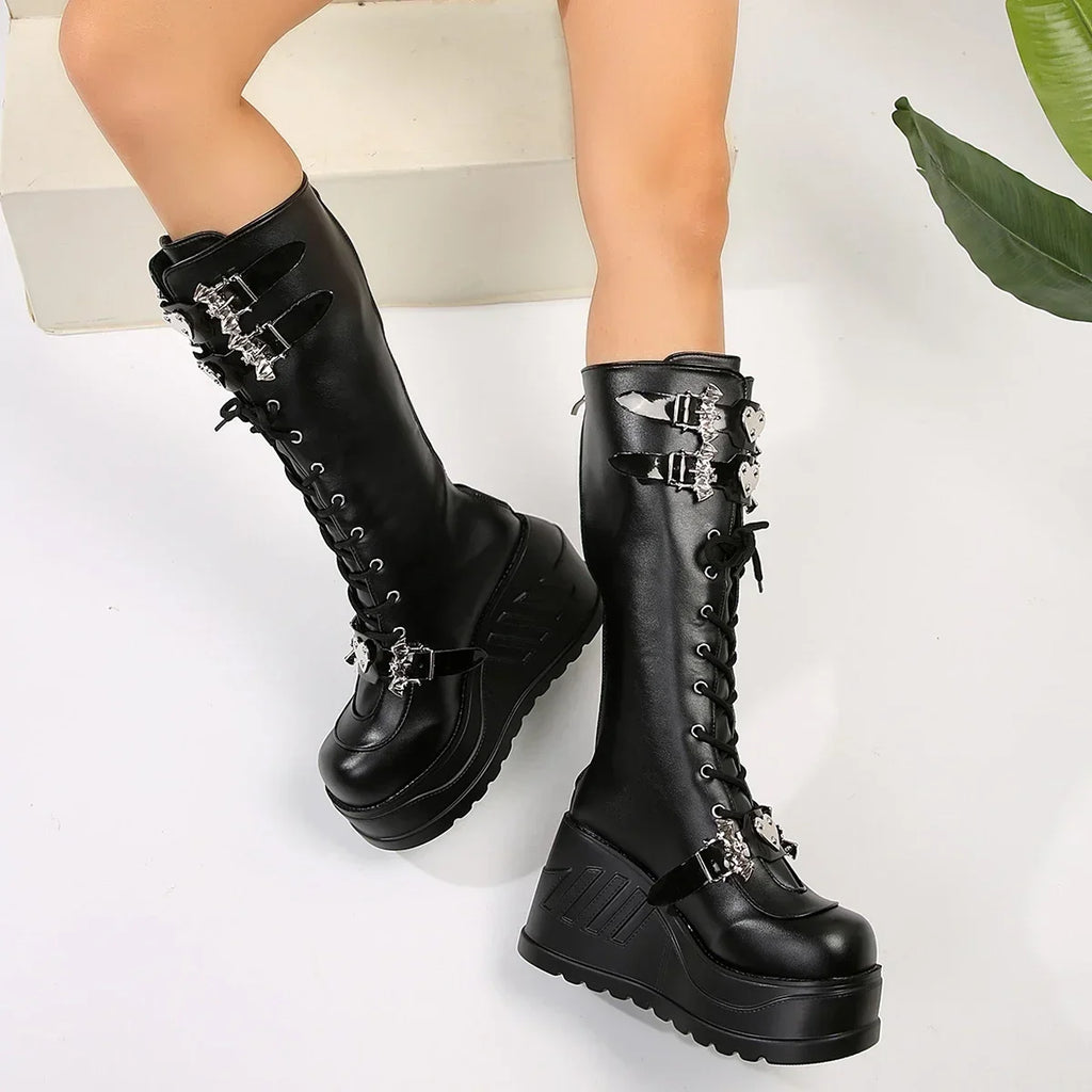 Women's Retro Punk Wedge Boots – Lace-Up PU Leather Sizes 35–43 Wedge Ankle Boots Axl