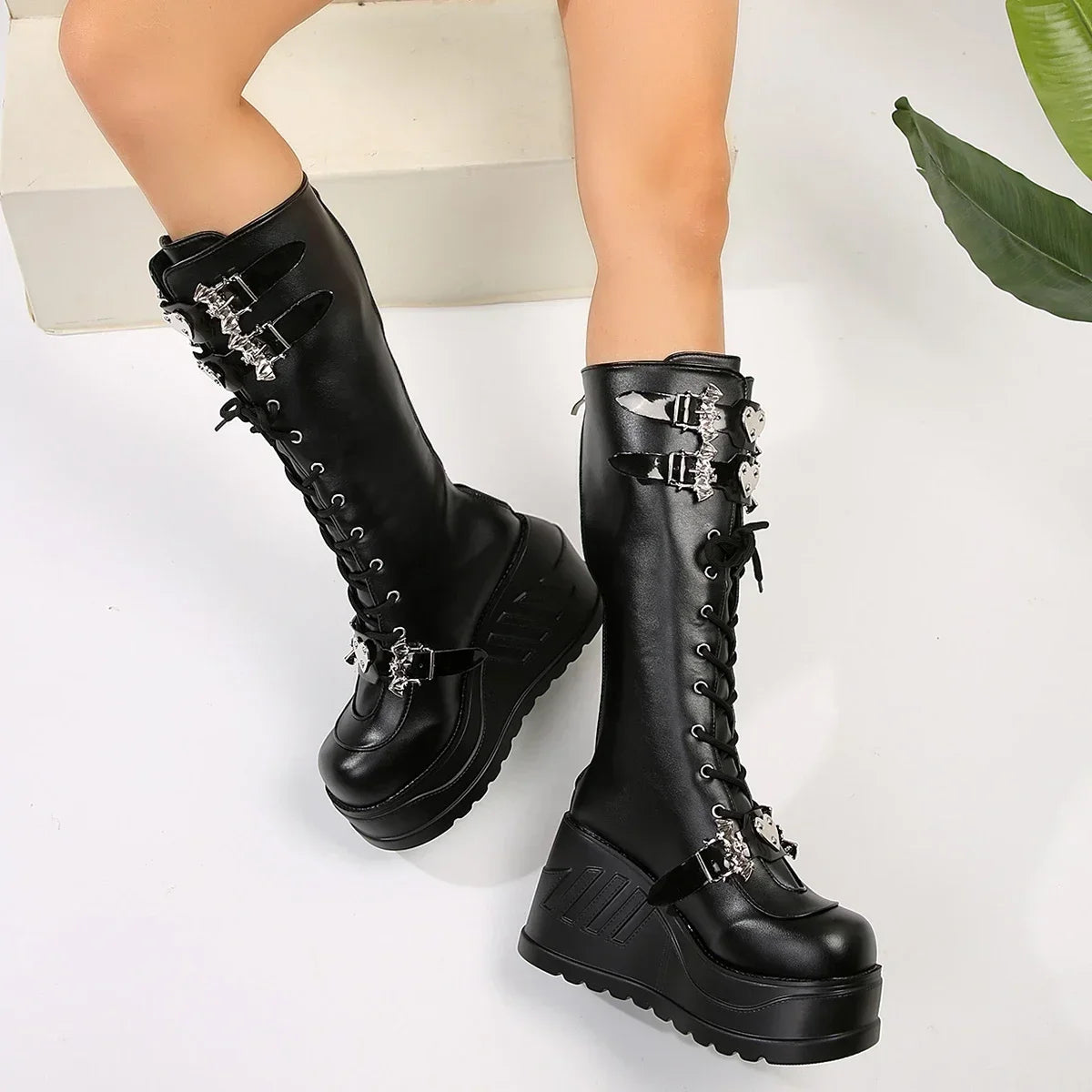 Women's Retro Punk Wedge Boots – Lace-Up PU Leather Sizes 35–43 Wedge Ankle Boots Axl