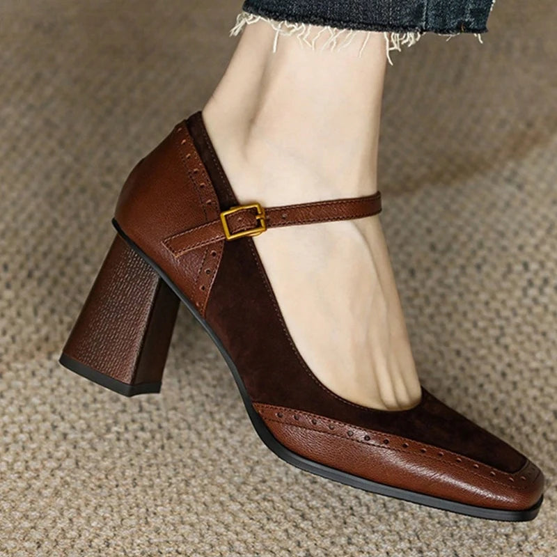 Women's Black Square Toe Chunky Heel Mary Jane Pumps Chunky Heel Pumps Axl