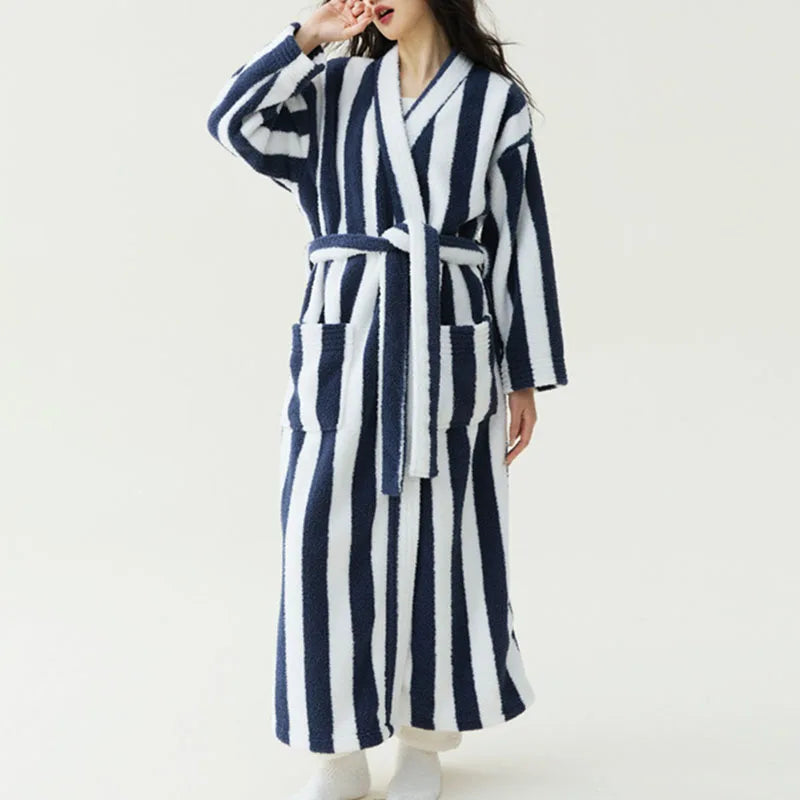 Women's Striped Velvet Bathrobe – Thick Flannel Lace-Up Robe Women's Bathrobe Axl