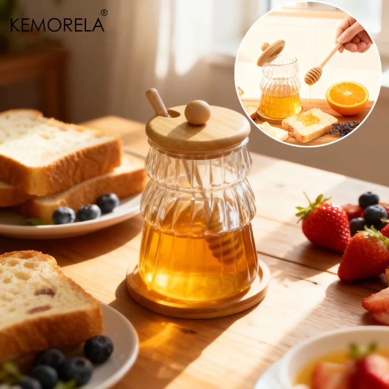 KEMORELA Glass Honey Jar Set with Wooden Stir Stick & Lid Glass Storage Jar Set Axl