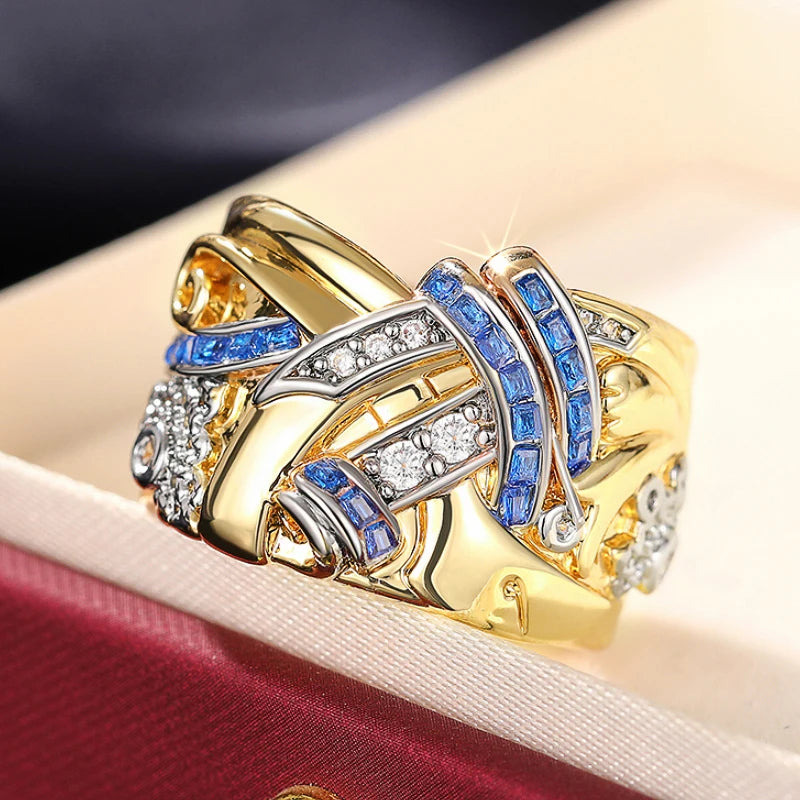 Huitan Two-Tone Flower Ring for Women – Blue & White CZ Fashion Ring Axl