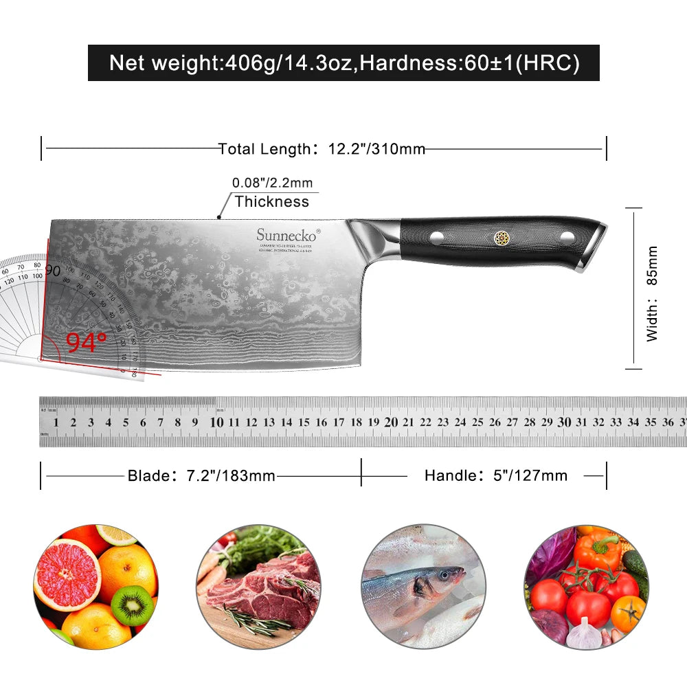 Sunnecko 7" Damascus Steel Cleaver – 73-Layer VG10 Kitchen Knife Damascus Cleaver Knife Axl