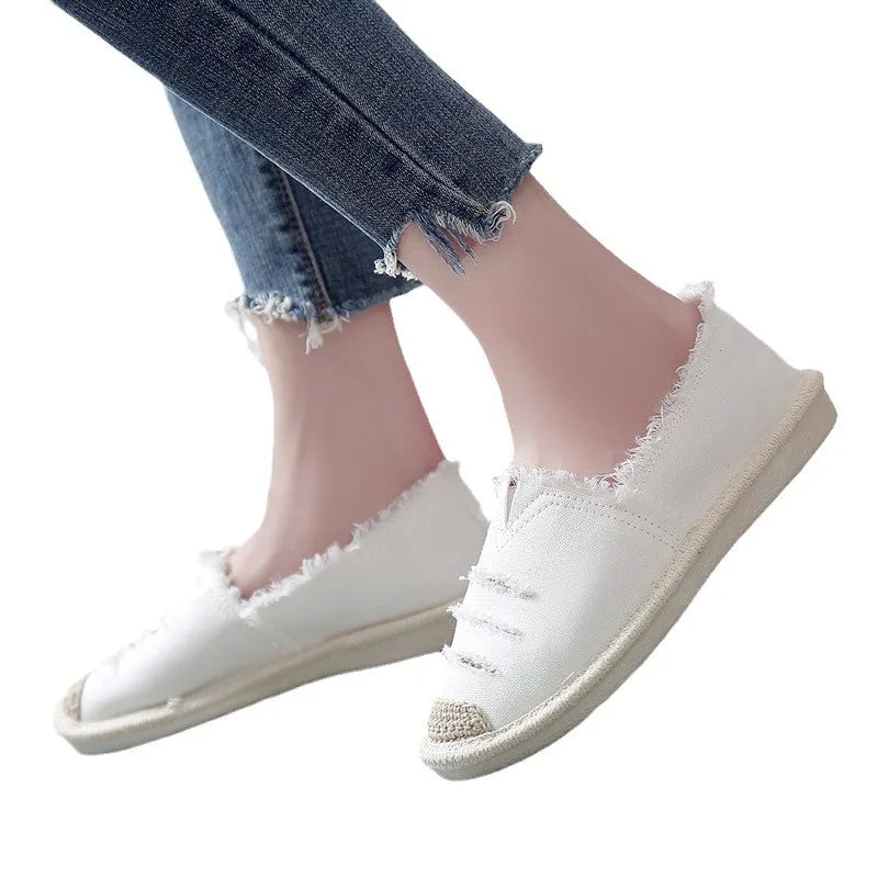 Women's Flat Slip-On Canvas Loafers – Casual Ripped Lazy Shoes Canvas Slip-On Loafers Axl