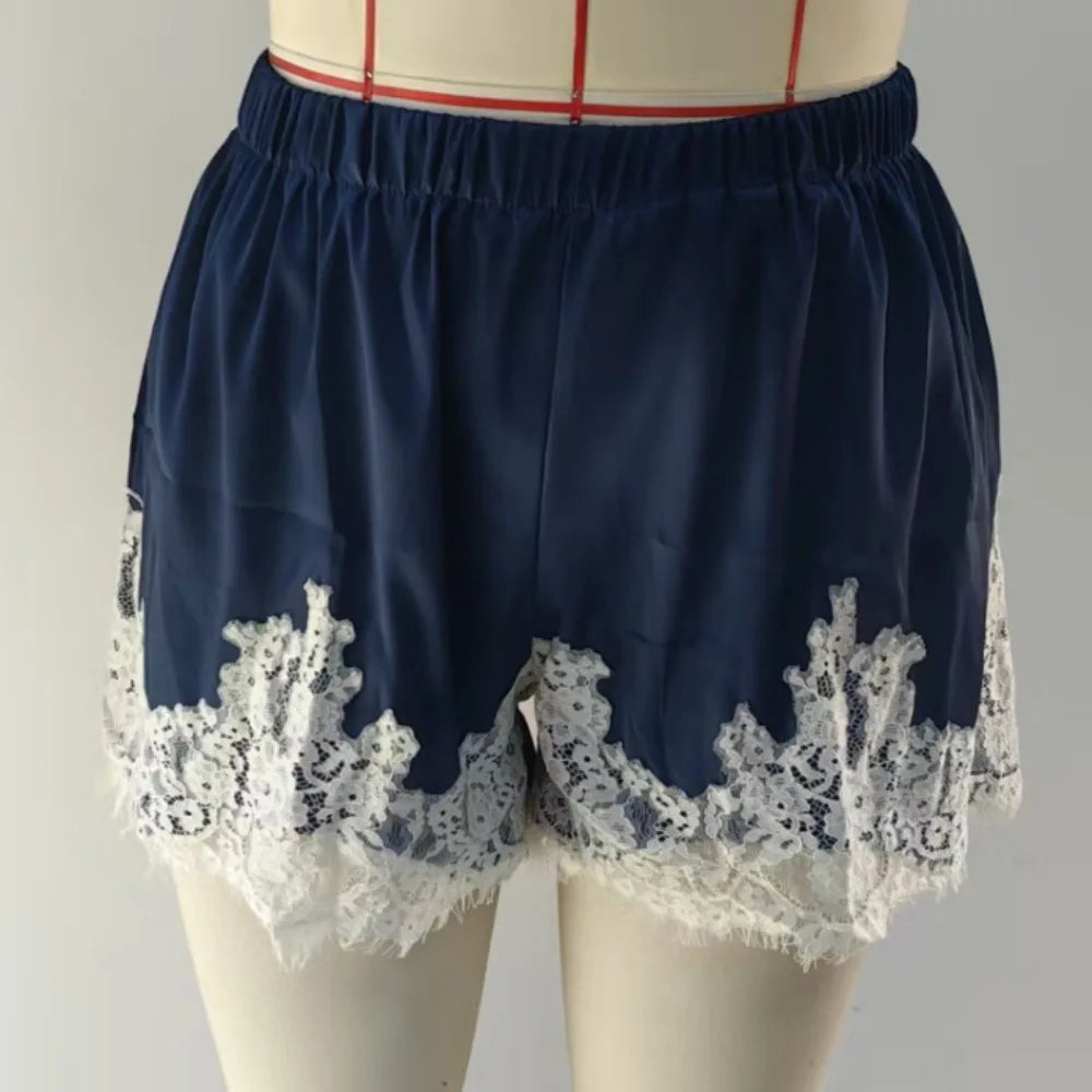 Women's Satin Lace Sleep Shorts – Elastic Waist Pajama Bottoms Pajama Sleep Shorts Axl Dark Blue S