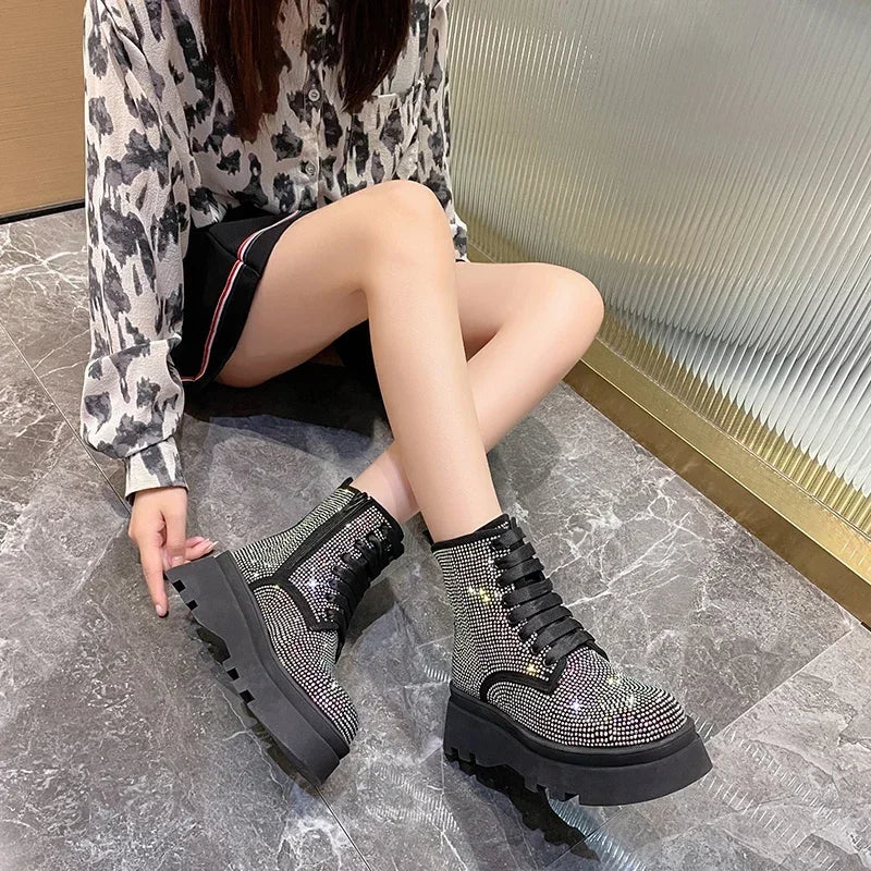 Women's Rhinestone Crystal Platform Ankle Boots | Winter Bling Platform Ankle Boots Axl
