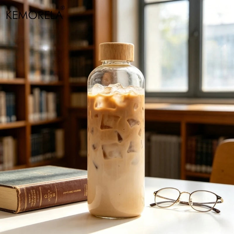 Glass Water Bottle Wooden Lid 500/750/1000ml + Cleaning Brush Glass Water Bottle Axl