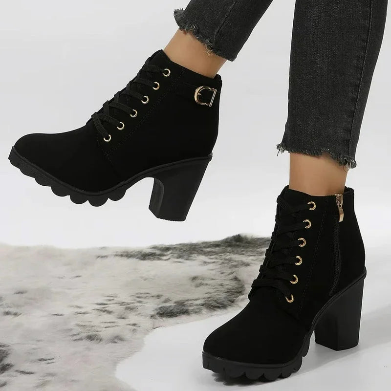 Women's Lace-Up Platform Ankle Boots | Square Heel Plus Size Platform Ankle Boots Axl