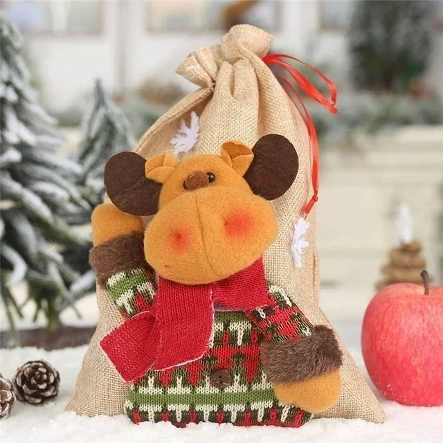 Linen Drawstring Christmas Gift Bags | Holiday Candy Bags Christmas Gift Bag Axl elk