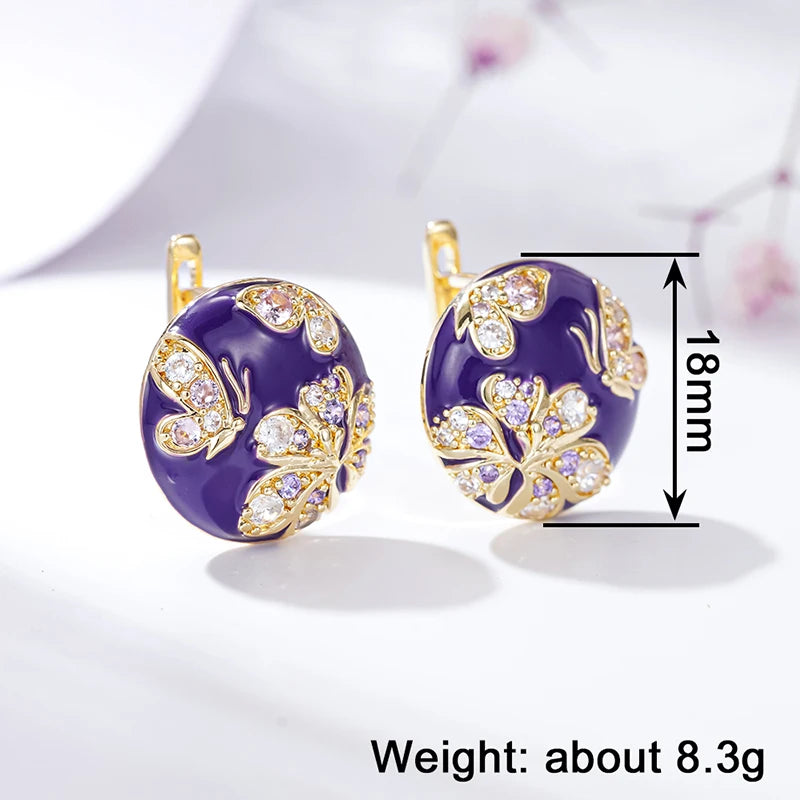 Huitan Purple Flower Enamel Gold Hoop Earrings for Women Hoop Earrings Axl