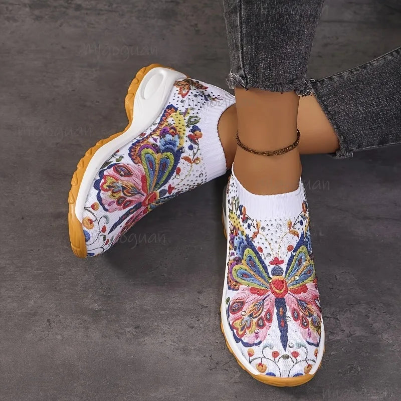 Women's Butterfly Print Platform Sneakers | Knit Slip-On Platform Sneakers Axl