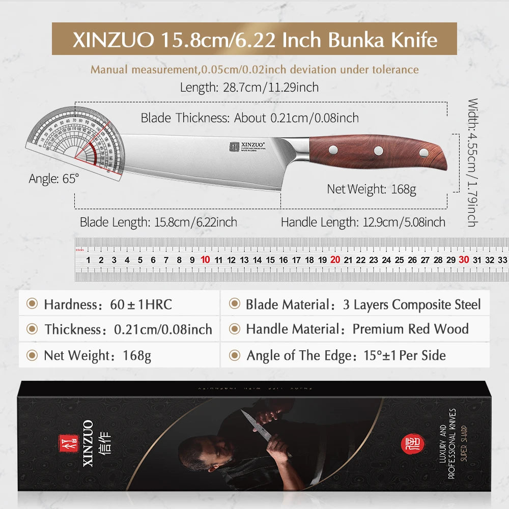 XINZUO 6" Bunka Knife – 3-Layer 440C Steel 60 HRC Red Wood Handle Bunka Kitchen Knife Axl