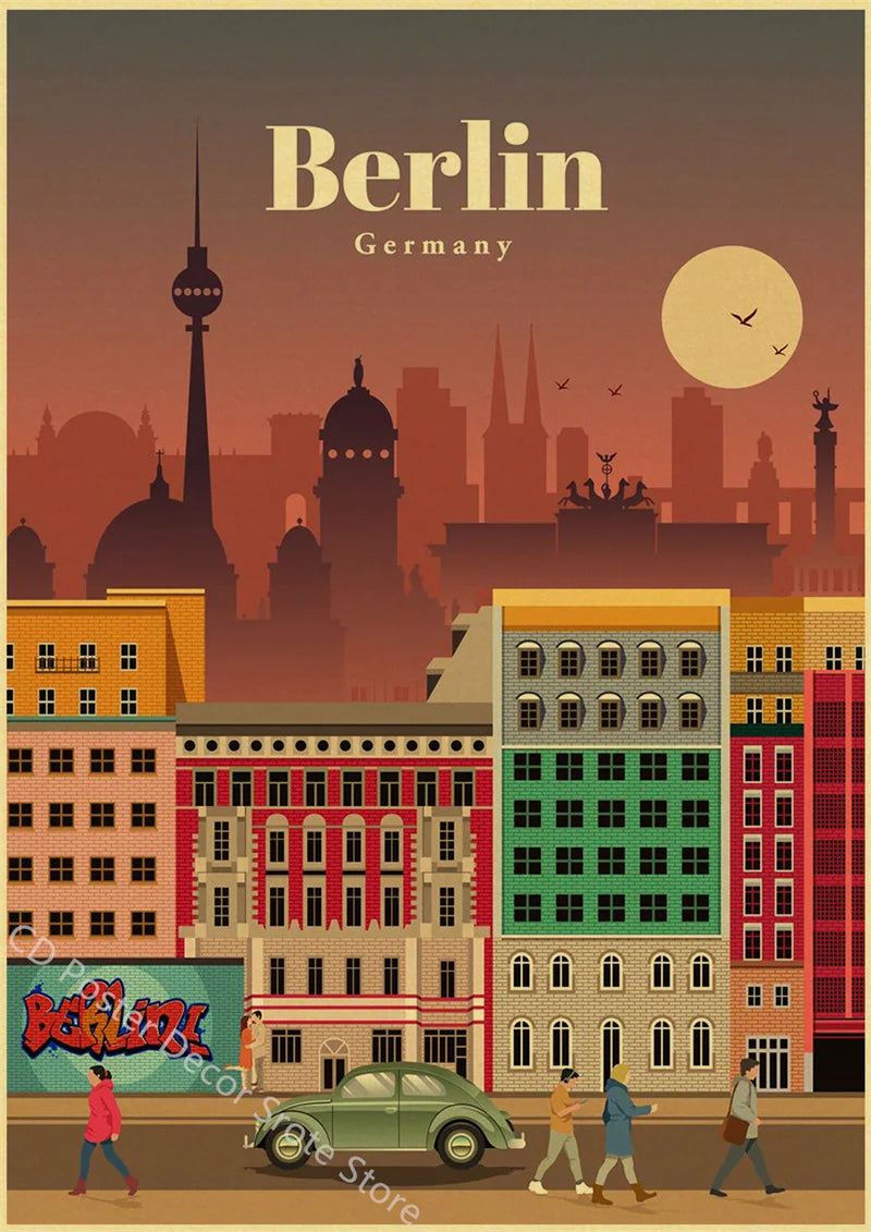 World Cities Retro Travel Poster – Rome Paris Sydney Dubai Art