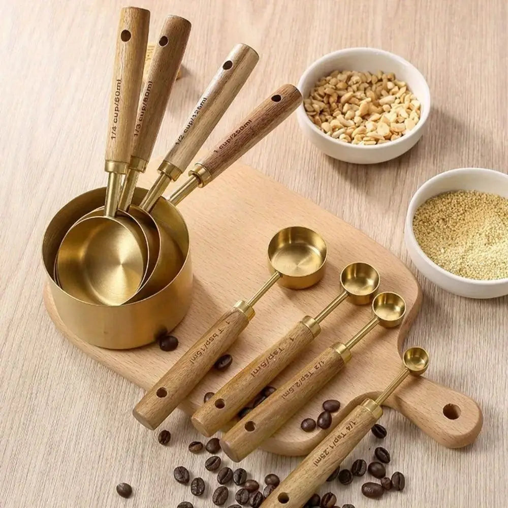Wooden Handle Stainless Steel Measuring Cups & Spoons Set Measuring Cups & Spoons Axl