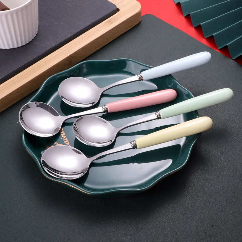 4-Piece Ceramic Handle Dessert Spoons – Stainless Steel Set Dessert Spoon Set Axl