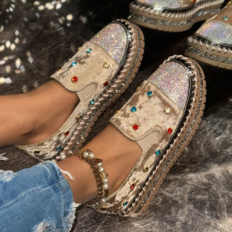 Women's Pearl Rhinestone Loafers – Slip-On Flat Shoes Embellished Flat Loafers Axl