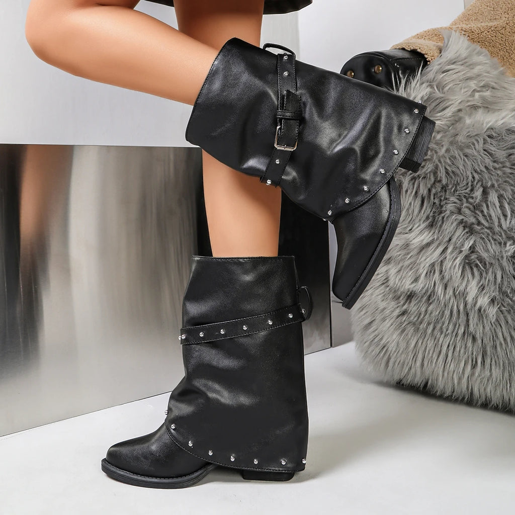 Women's Rivet Buckle Western Cowboy Booties | Slip-On Block Heel Women's Western Boots Axl