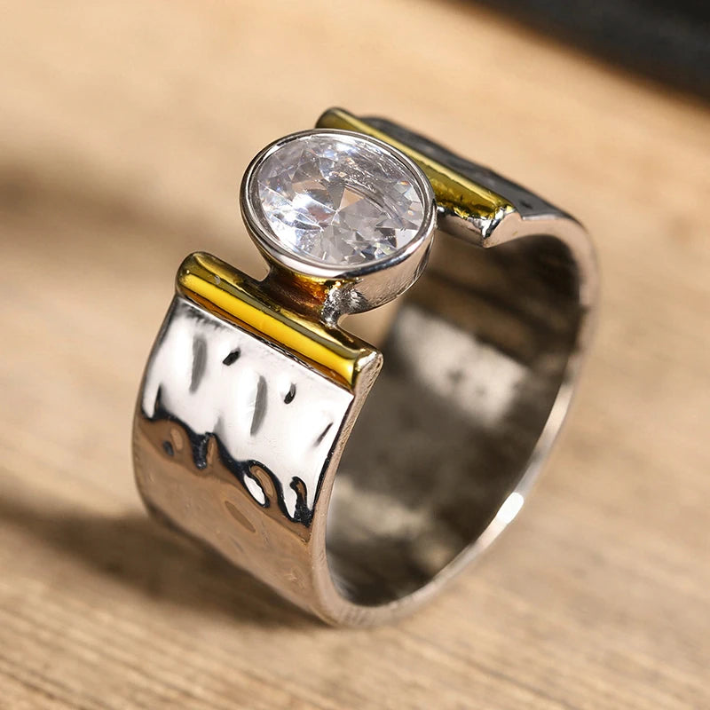 Huitan Wide CZ Ring – Two-Tone Hammered Statement Band for Women Fashion Statement Ring Axl