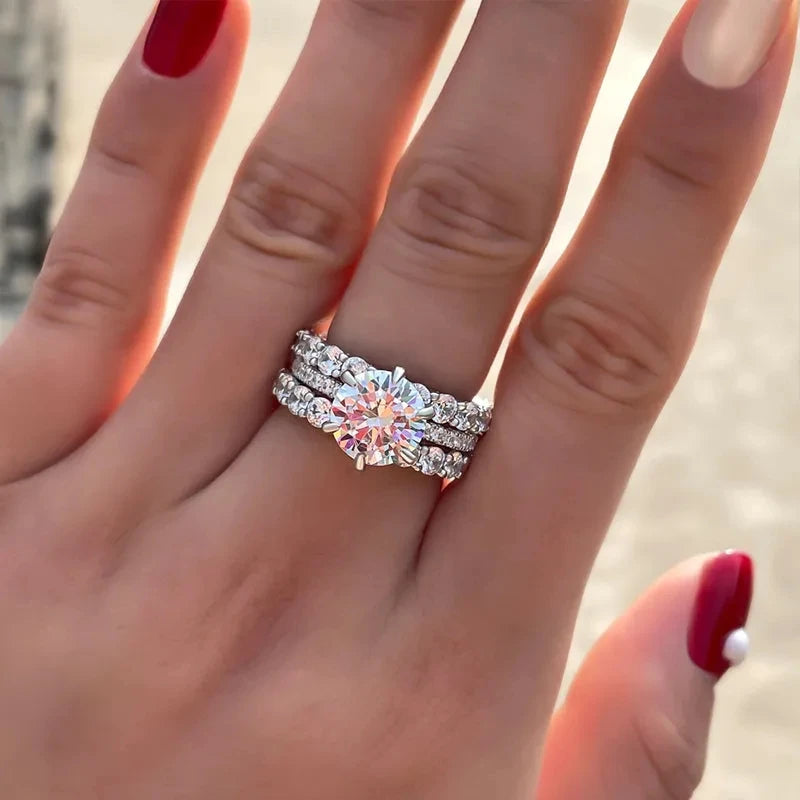 Huitan 3-Piece Bridal Ring Set – Silver & CZ Wedding Rings Bridal Ring Set Axl