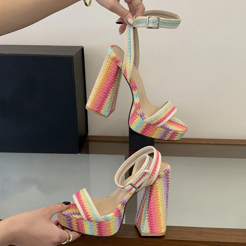 Women's Chunky Platform Sandals Open Toe Square High Heels Platform Heeled Sandals Axl