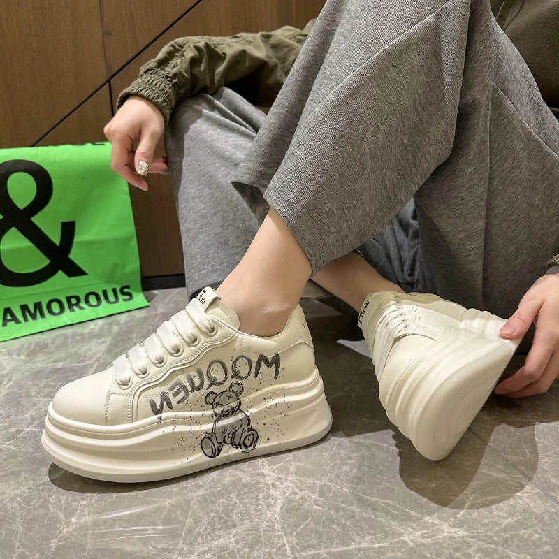 Women's White Platform Sneakers – PU Leather Lace-Up Flats Platform Sneakers Axl