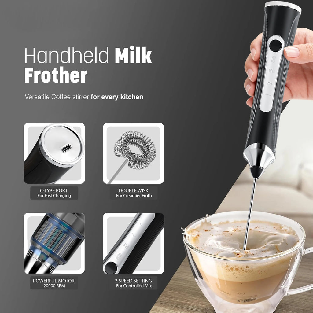 Rechargeable Milk Frother Wand with Stand – 12000 RPM Milk Frother Wand Axl