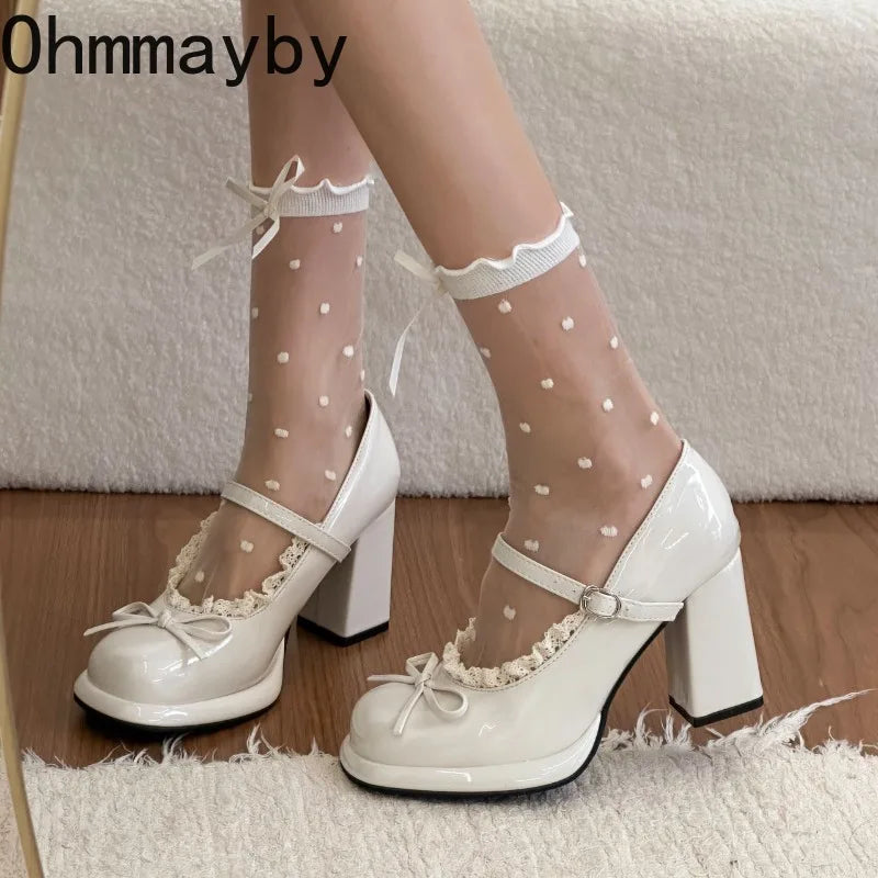 Butterfly-Knot Mary Jane Chunky Heel Pumps | Women's Dress Shoes Mary Jane Pumps Axl