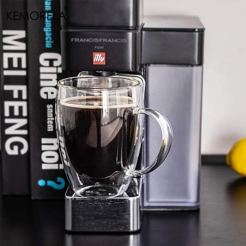 KEMORELA 350ml Double Wall Glass Coffee Mugs with Handle | 2/4/6pc Glass Coffee Mugs Axl