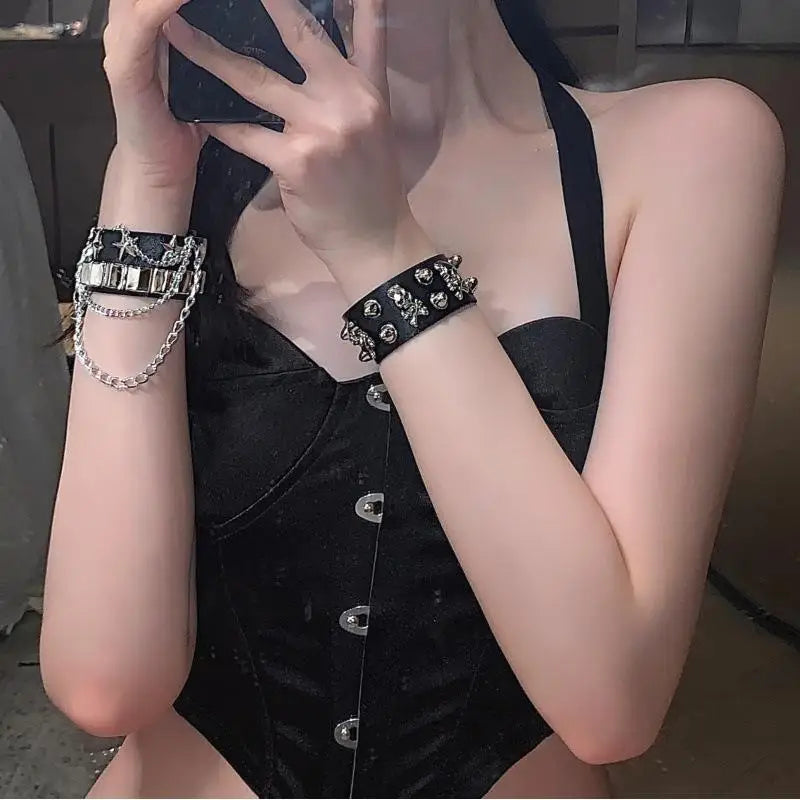 Punk Gothic Skull Spike Rivet PU Leather Wide Cuff Bracelet Cuff Bracelet Axl