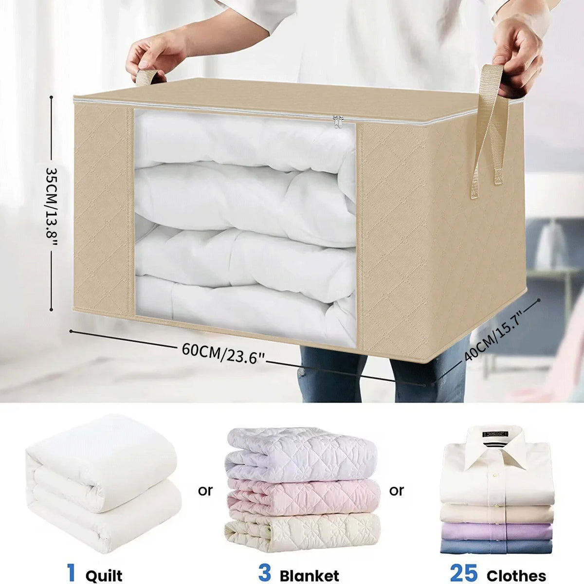 Foldable Quilt & Clothing Storage Bag – Bedding Organizer Box Bedding Storage Bag Axl Beige 90L 60x40x35cm