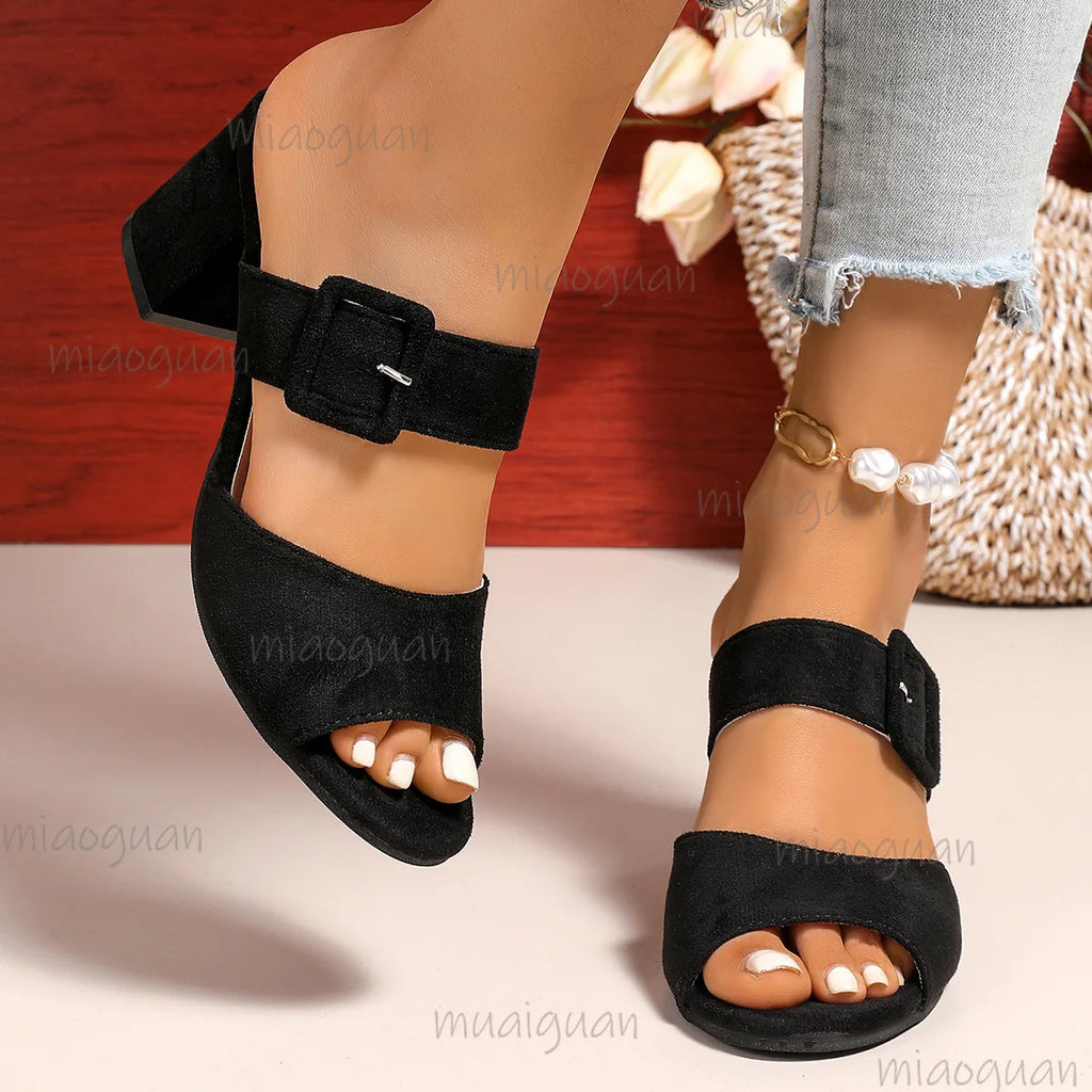 Women's Peep Toe Heeled Sandals – Buckle Square Heel Plus Size Heeled Sandals Axl