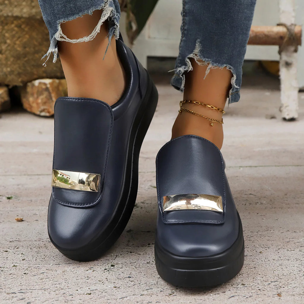 Women's Plus Size Slip-On Platform Loafers | PU Leather Sneakers Platform Loafers Axl Navy blue 36
