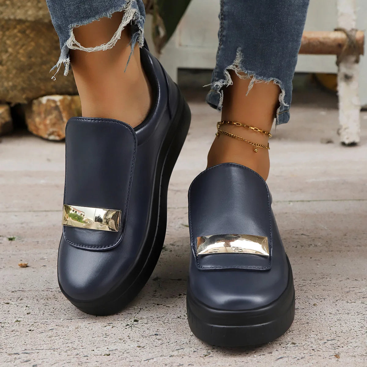 Women's Plus Size Slip-On Platform Loafers | PU Leather Sneakers Platform Loafers Axl Navy blue 36