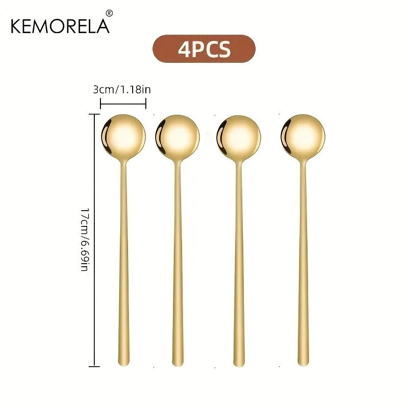 4-Piece Long Handle Stainless Steel Spoons – Gold & Silver Kitchen Spoon Set Axl 4PCS-Golden