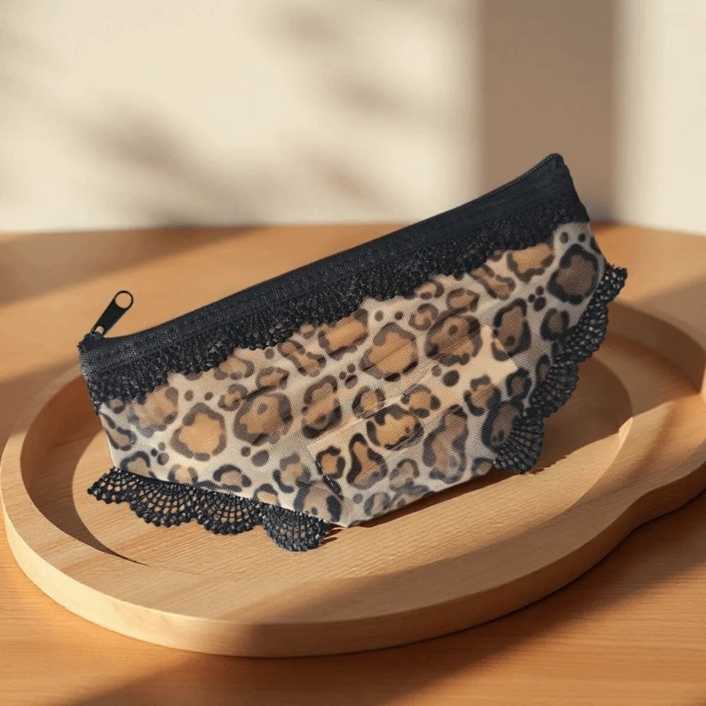 Y2K Briefs Shape Cosmetic Bag – Mesh Lace Makeup Pouch Cosmetic Makeup Bag Axl Leopard Print Yellow