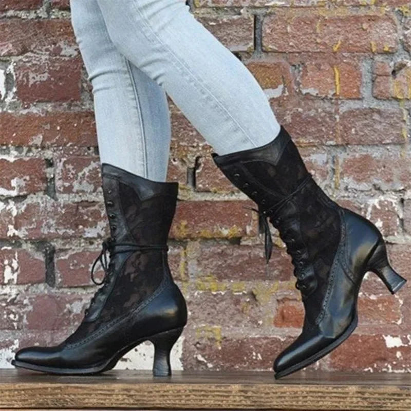 Vintage Victorian Lace-Up Ankle Boots | Pointed Toe Spike Heel Women's Ankle Boots Axl