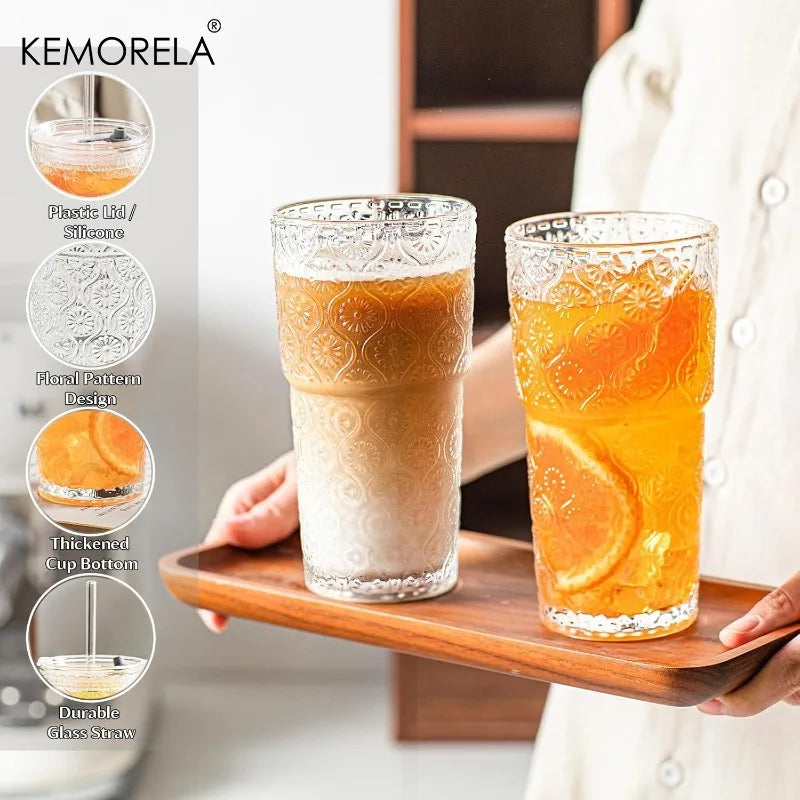 KEMORELA 600ml Begonia Glass Tumblers Set of 4 with Lids & Straws Glass Tumbler Set Axl